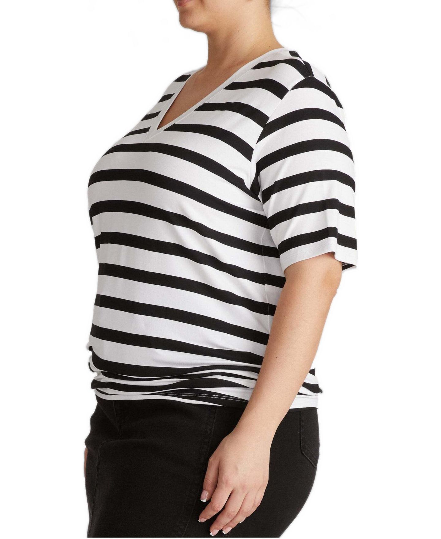 Женская футболка Universal Standard Plus Size Maia Pima Cotton-Blend Stovepipe V-Neck, цвет: Чёрный / Белый полосатый — фото 3