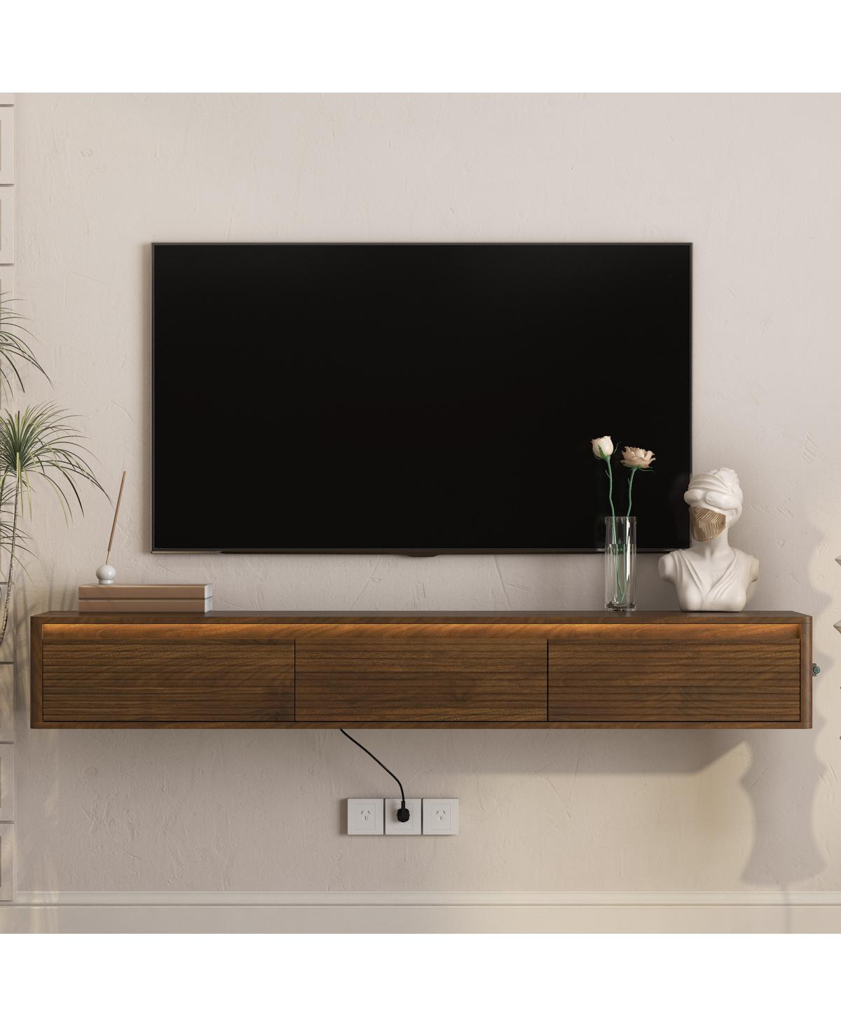 Streamdale Furniture Floating Tv Stand with Led Lights, Power Outlet and Fluted Design - Wood