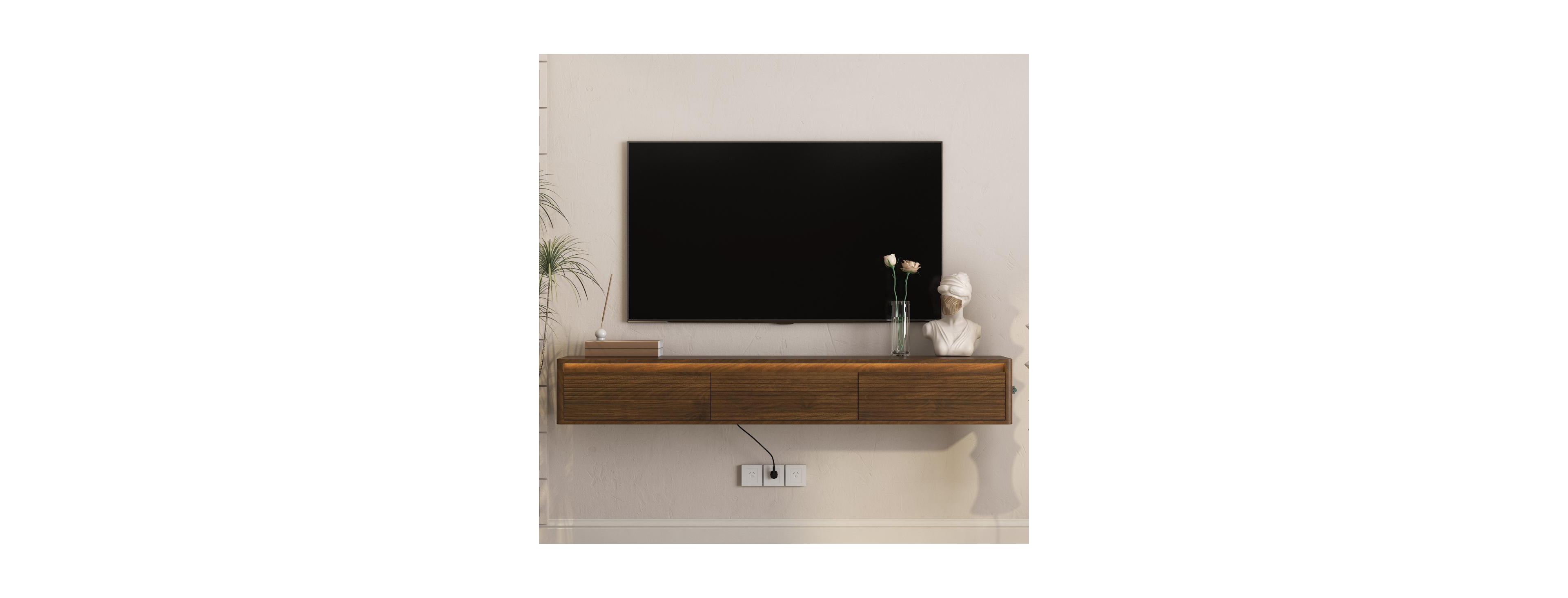Streamdale Furniture Floating Tv Stand with Led Lights, Power Outlet and Fluted Design