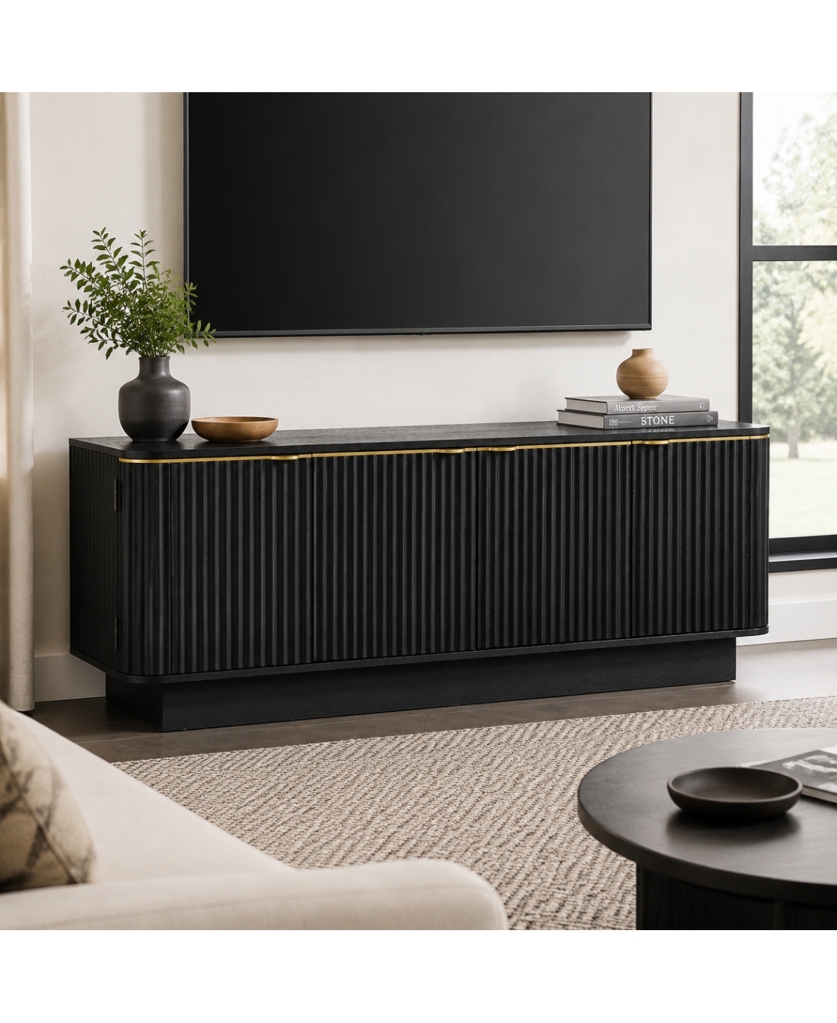 Streamdale Furniture Mid-Century Fluted Tv Stand for 70 Inch Tv with Storage Cabinets