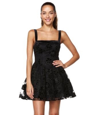 Juniors' Square-Neck Embroidered-Mesh V-Waist Mini Dress