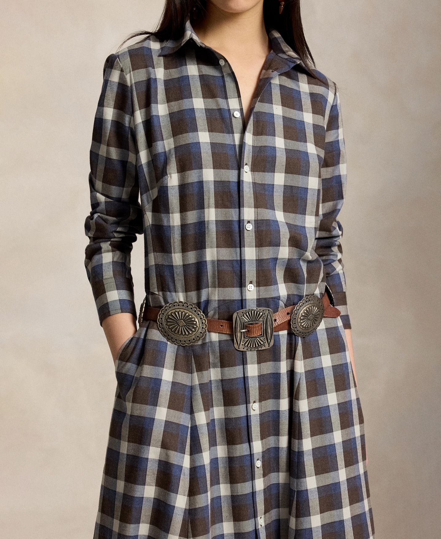 Женское платье Polo Ralph Lauren Plaid Long-Sleeve Midi Shirt Dress, цвет: Коричневый синий разноцветный — фото 3