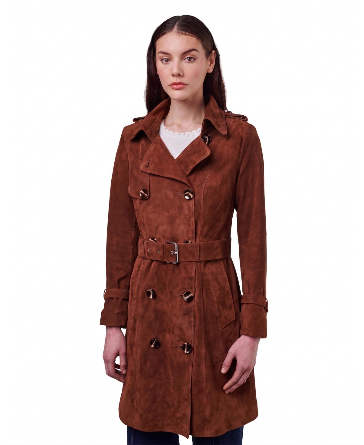 Furniq Uk Women's Suede Double-Breasted Belted Trench Coat, Created for Macy's