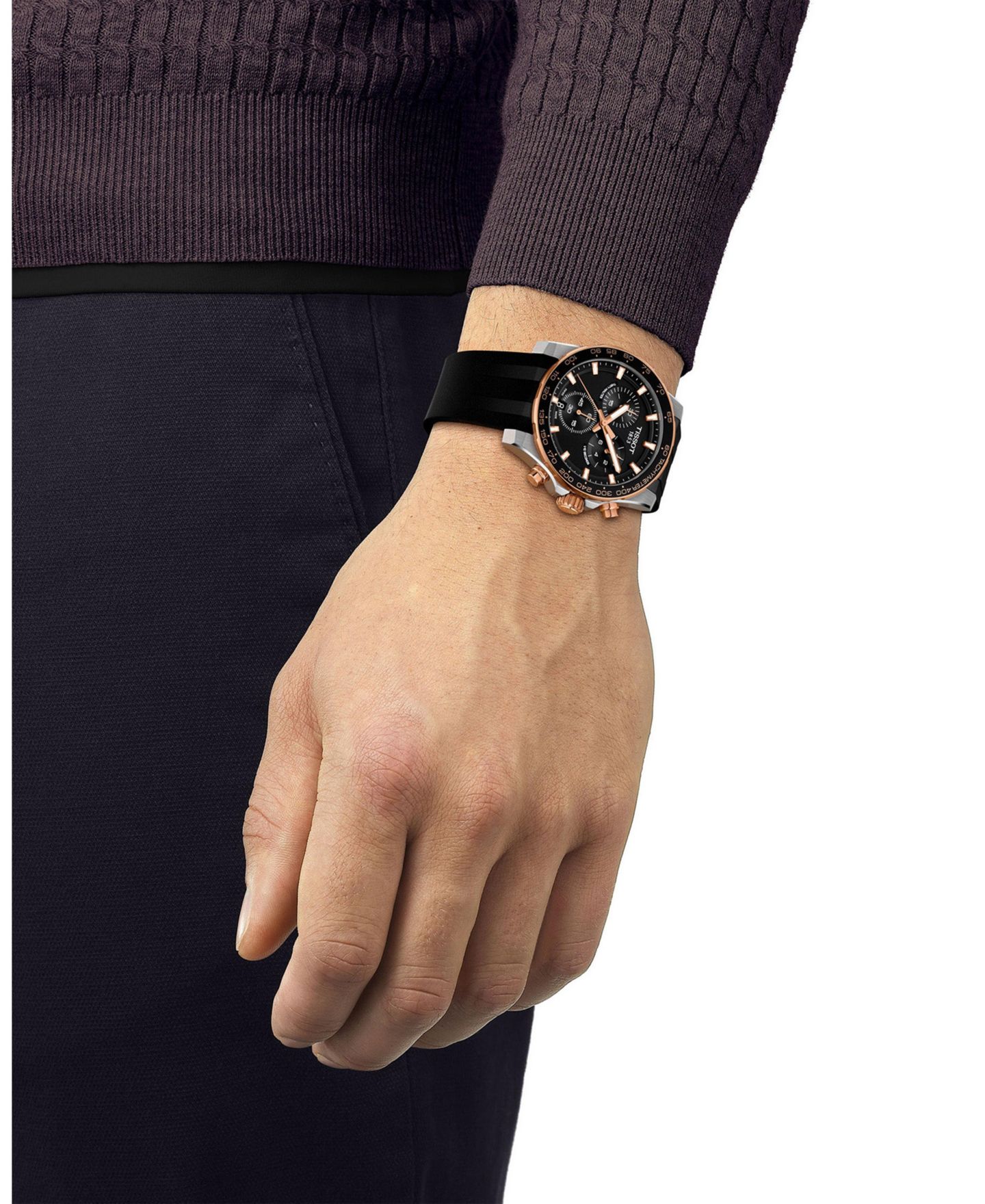 Мужские хронограф-часы Tissot Supersport Quartz с чёрным каучуковым ремешком, 42 мм — фото 7