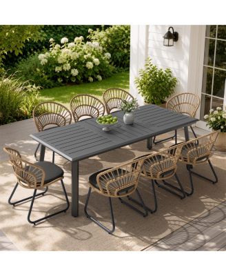 Piece Outdoor Aluminum Patio Dining Set 83" Large Rectangle Dining Table with Umbrella Hole and Rattan Chairs with Cushions