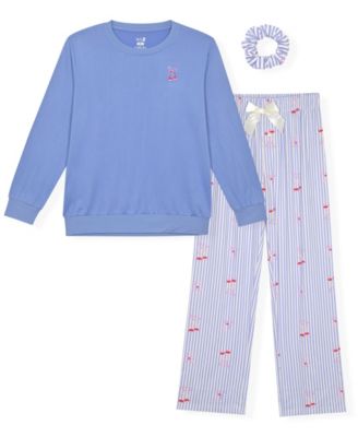Girls' 5-16 Milky Long-Sleeve Crewneck Pajama with Scrunchie, 3-Piece Set