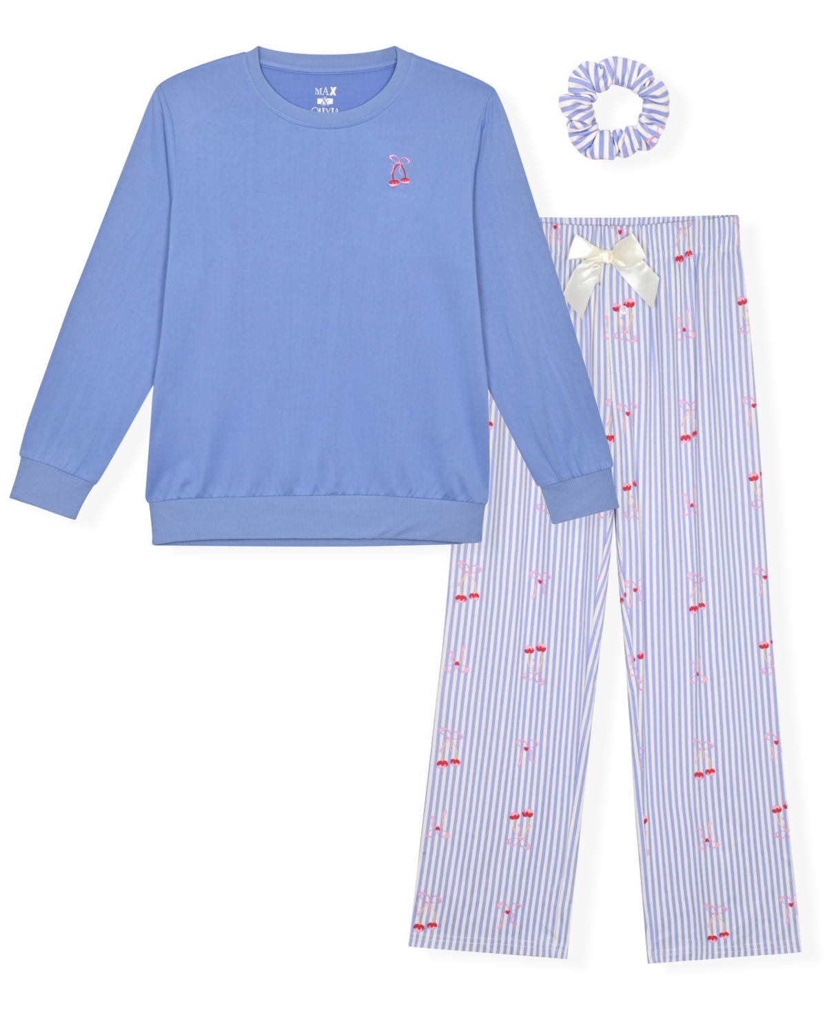 Max & Olivia Girls' 5-16 Milky Long-Sleeve Crewneck Pajama with Scrunchie, 3-Piece Set