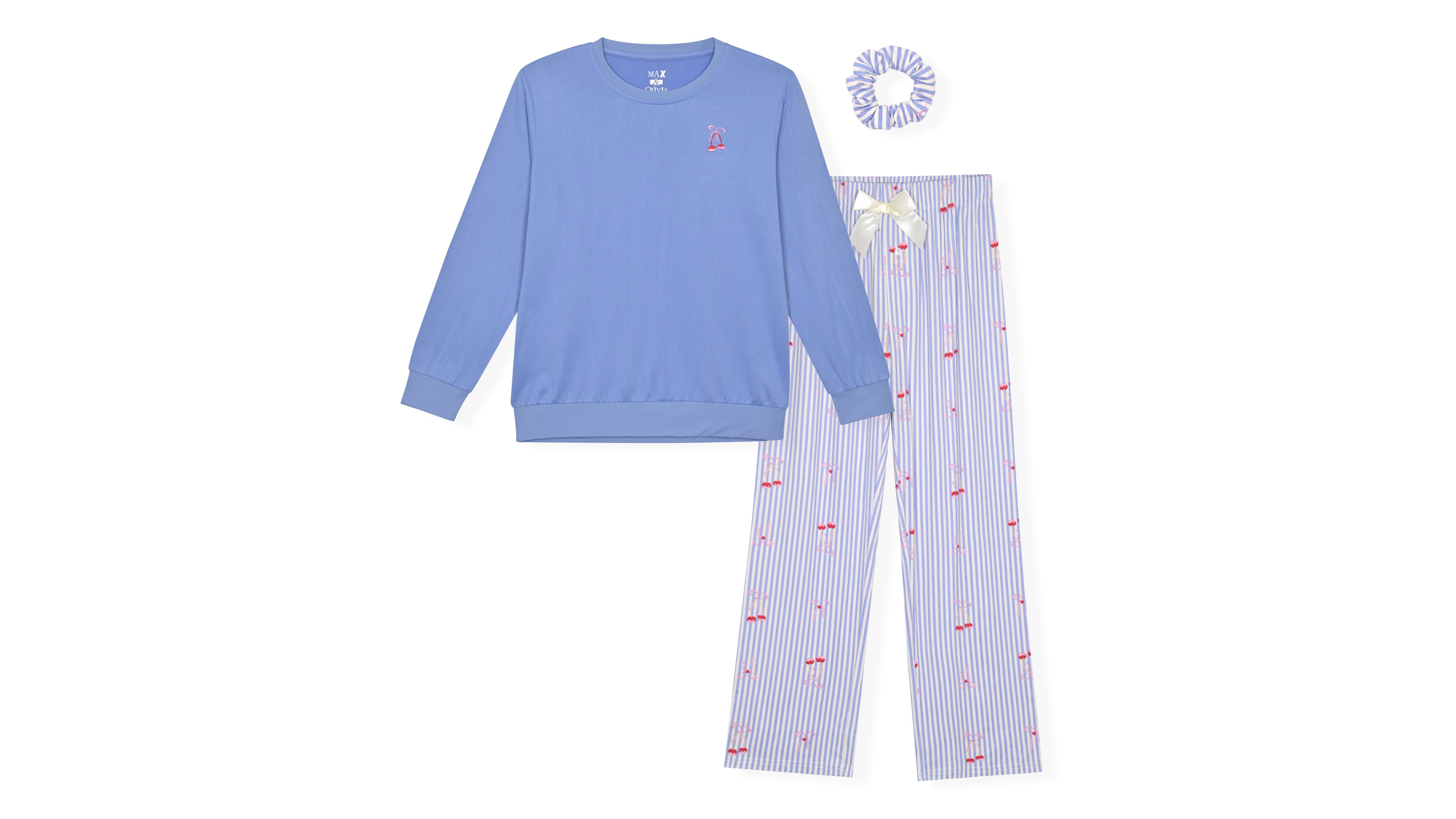 Max & Olivia Girls' 5-16 Milky Long-Sleeve Crewneck Pajama with Scrunchie, 3-Piece Set