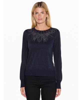 Women's Rhinestone-Embellished Long-Sleeve Crewneck Sweater
