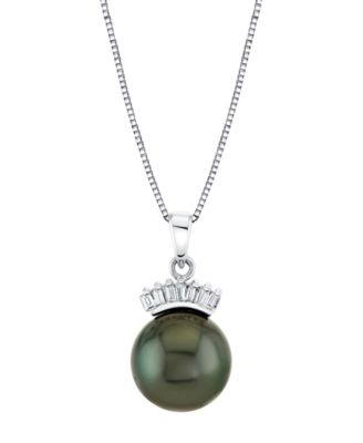 Cultured Tahitian Pearl with Baguette Diamond Pendant (1/10 ct. t.w.) in 14k White Gold