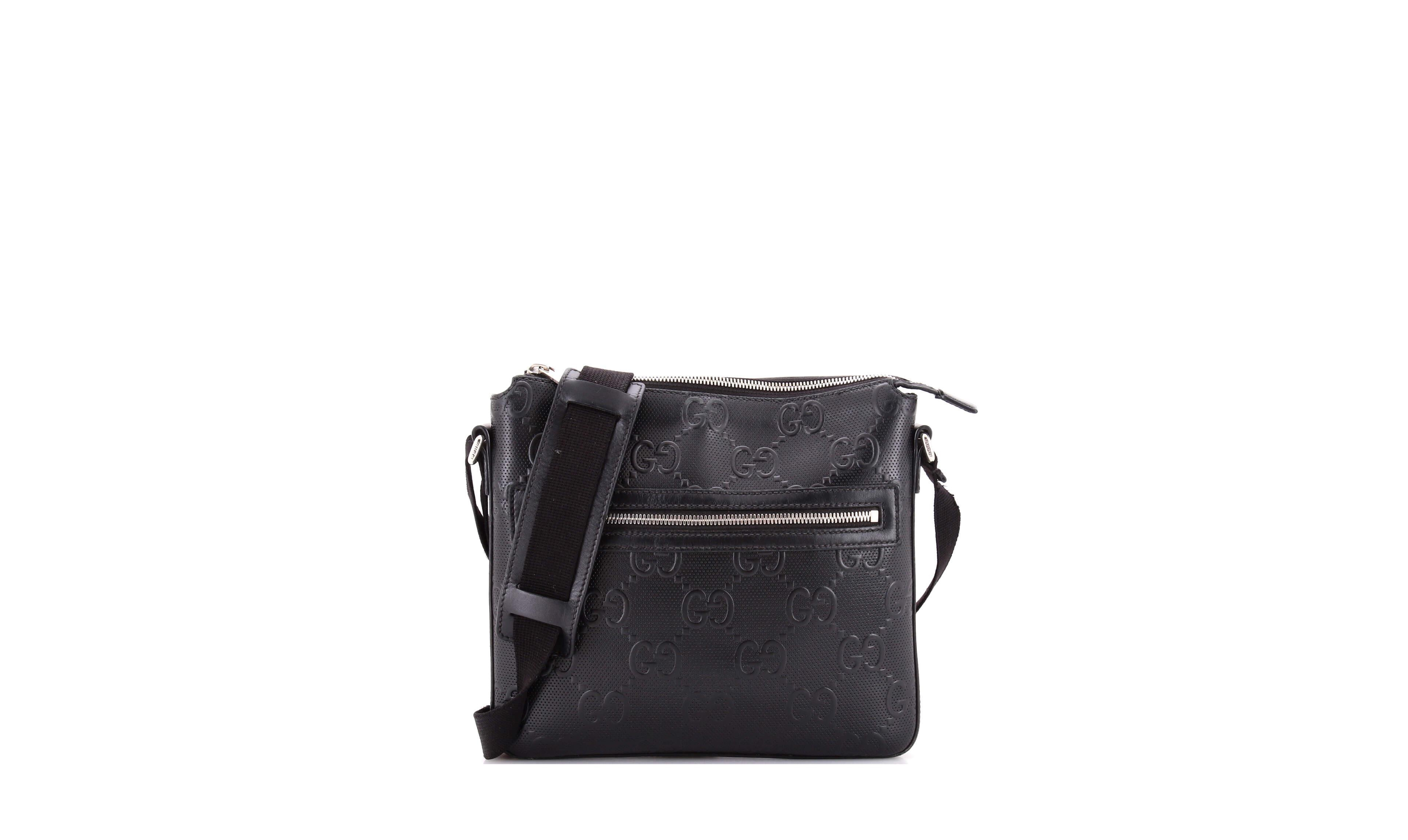 Pre-Owned Gucci Small Front Zip Messenger Gg Embossed Perforated Leather