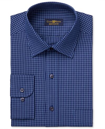 Club Room Men's Estate Classic-Fit Wrinkle Resistant Navy Blue Windowpane Dress Shirt, Only at Macy's