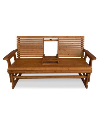 Ft Solid Wood Patio Glider Bench with Drop-Down Cup Holder, 3-Seater Outdoor Gliding Chair for Porch and Garden