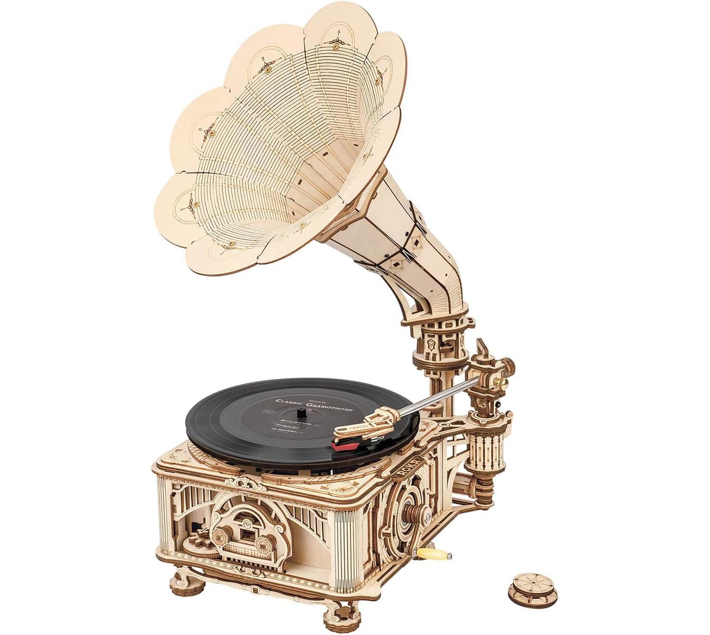 Детские конструкторы Robotime 3D Wooden Puzzles Gramophone DIY Mechanical Model Kit Replica Record Player Support 7" 10" Vinyl Building Gift Hobbies for Adults Home Decor — фото 1