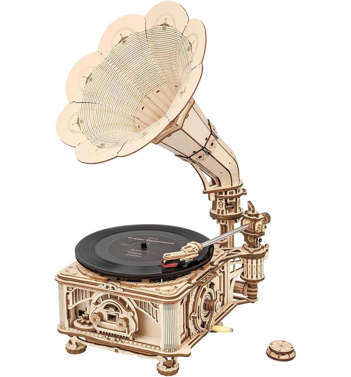 Robotime 3D Wooden Puzzles Gramophone Diy Mechanical Model Kit Replica Record Player Support 7" 10" Vinyl Building Gift Hobbies for Adults Home Decor