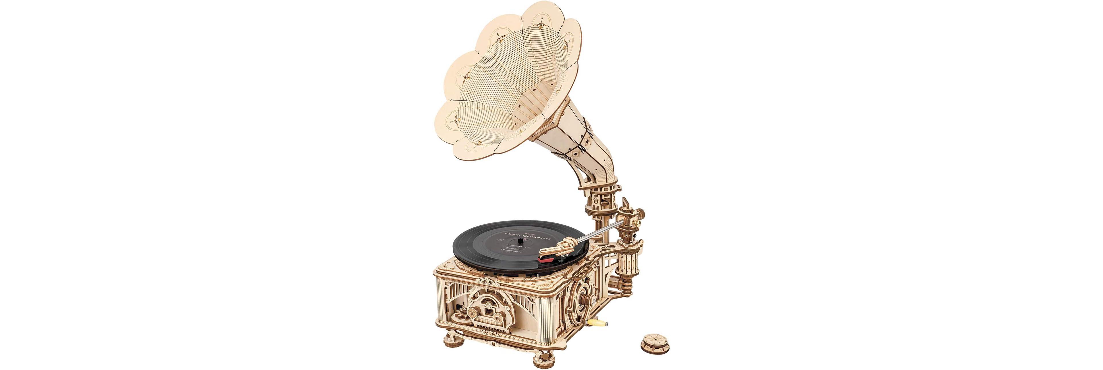 Robotime 3D Wooden Puzzles Gramophone Diy Mechanical Model Kit Replica Record Player Support 7" 10" Vinyl Building Gift Hobbies for Adults Home Decor