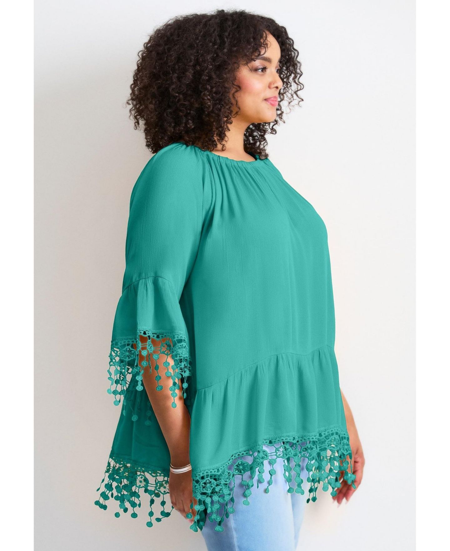 Женский топ Avenue Crochet Fringe Trim Tunic, цвет: Аквамариновый морской — фото 4