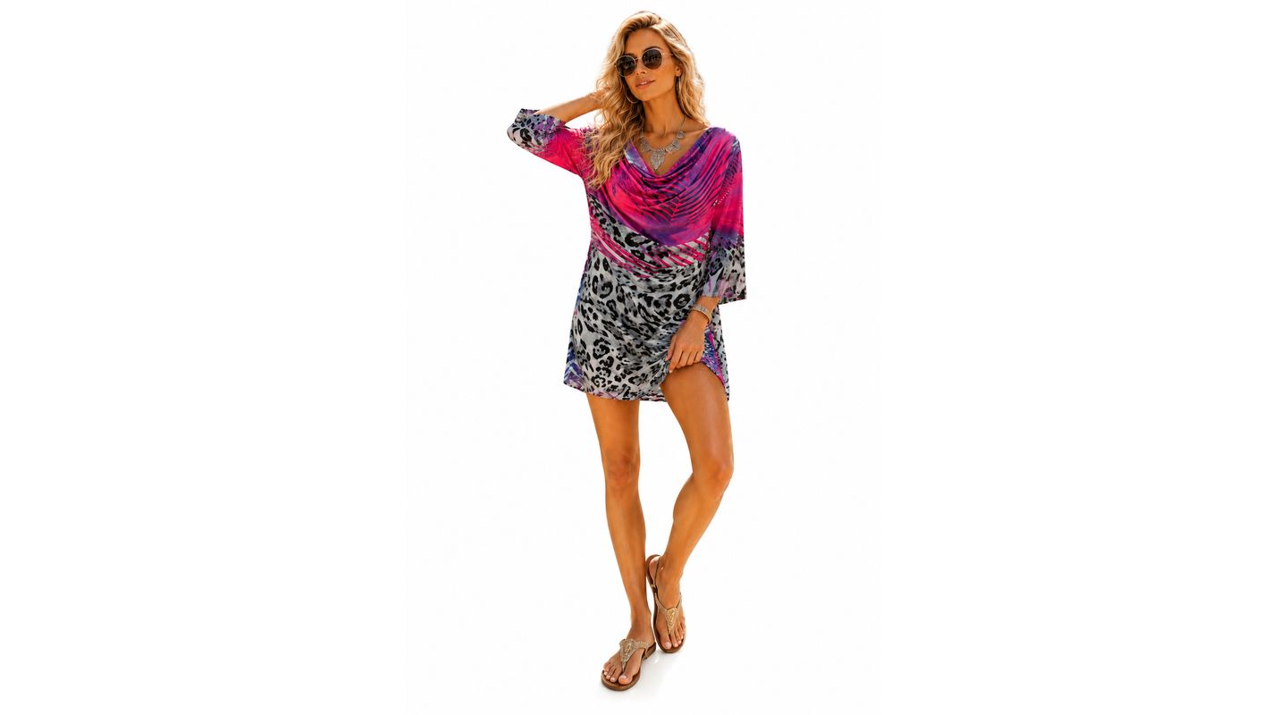 Женский топ La Moda Clothing Boho Cowl-Neck Animal-Print Tunic Top, цвет: Розовый / Анималистичный — фото 1