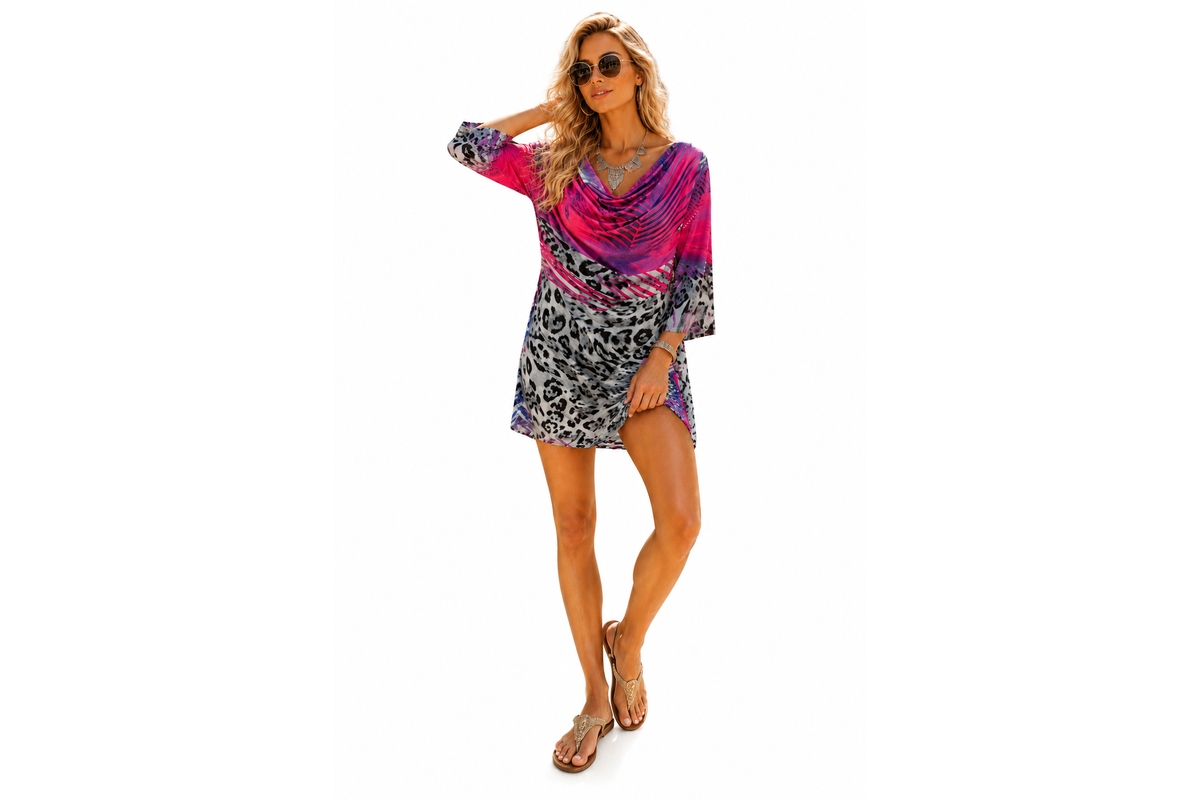La Moda Clothing Women's Boho Cowl-Neck Animal-Print Tunic Top - Pink  grey animal print