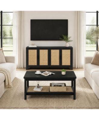 70" Boho Rattan 4-Door TV Stand and 2-Tier Coffee Table with Woven Shelf - Wooden Living Room Storage Set, Easy Assembly