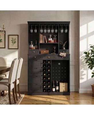 78 in. Accent Cabinet Office Storage Cabinet with 16 Shelves, Wine Glass Rack, 7-Drawers, Wine Fridge Space, Hutch