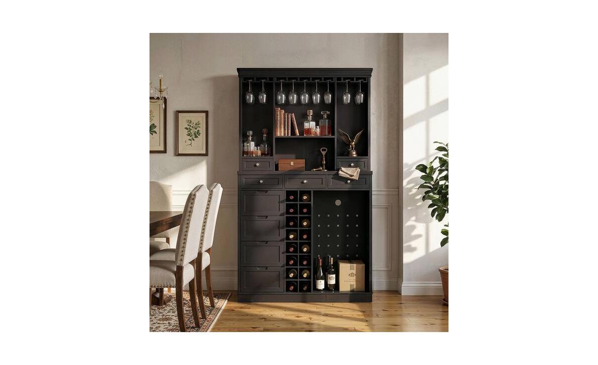 Fufu&Gaga 78 in. Accent Cabinet Office Storage Cabinet with 16 Shelves, Wine Glass Rack, 7-Drawers, Wine Fridge Space, Hutch - Black