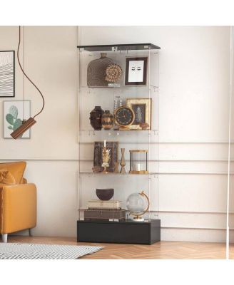 Glass 70.9 in. H Accent Storage Cabinet Display Curio Case with Tempered Glass Shelves and Doors, Drawer, Lock
