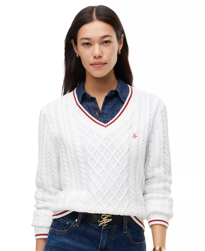 Women's Cable-Knit V-Neck Sweater - thumbnail 3