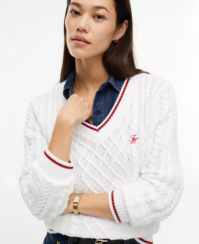 Women's Cable-Knit V-Neck Sweater - thumbnail 7