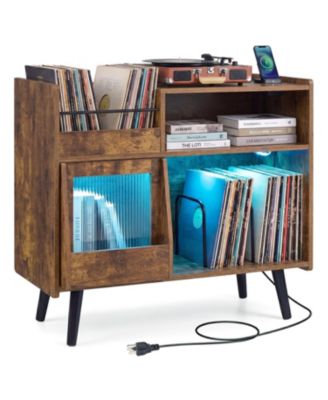 Record Player Stand with LED Light and Power Outlets