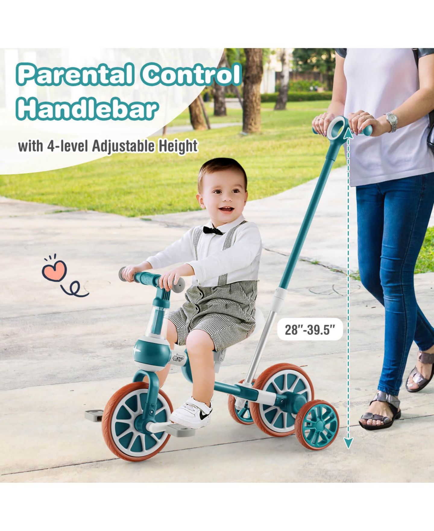 Детская игрушка Costway 4-in-1 Push Handle Training Wheels Kids Tricycle, 66 lbs. Capacity, 2–4 года, цвет: Зелёный — фото 7