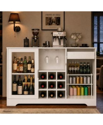 Farmhouse Wine Bar Cabinet 47.2 in Wide with LED Light and Mini Fridge Space, 9 Wine Racks 2 Glass Holders, for Dining Room Living Room