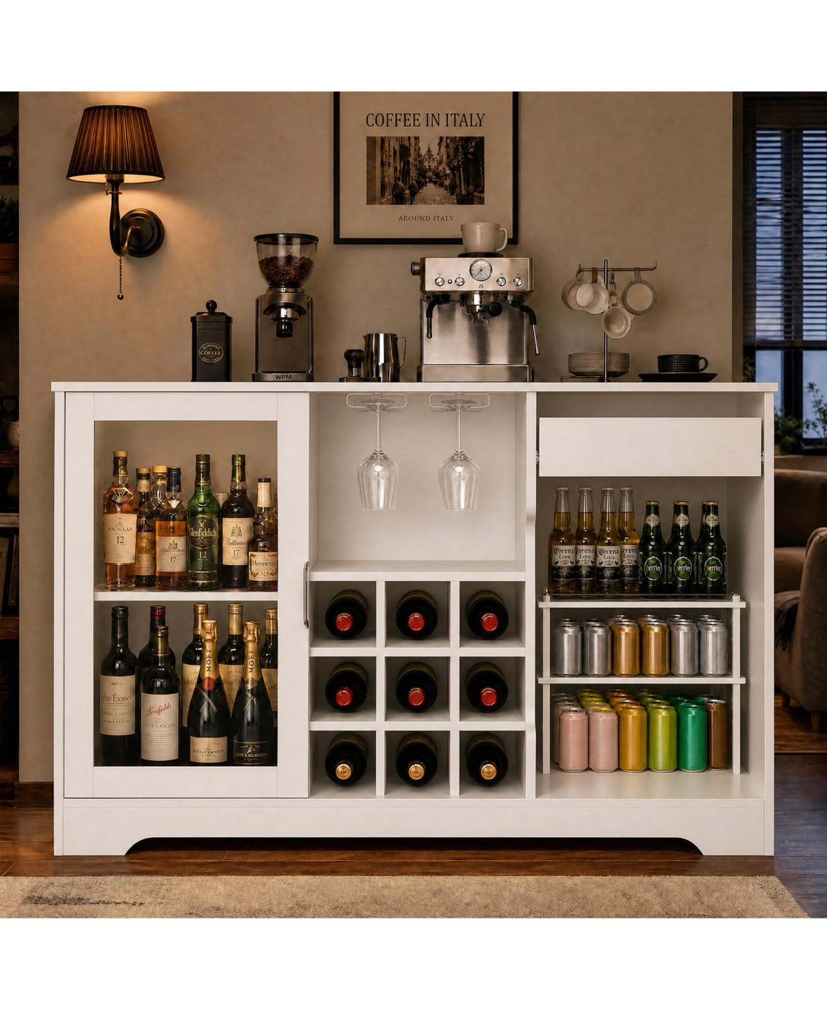 homfan Farmhouse Wine Bar Cabinet 47.2 in Wide with Led Light and Mini Fridge Space, 9 Wine Racks 2 Glass Holders, for Dining Room Living Room - White