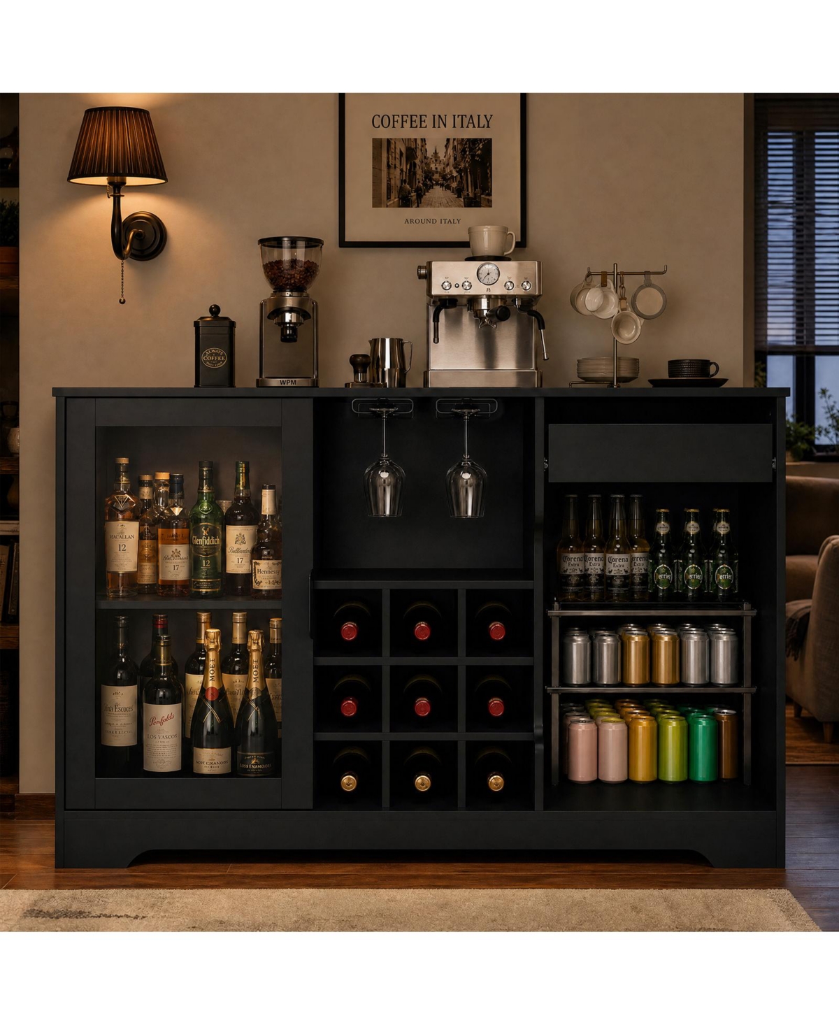 homfan Farmhouse Wine Bar Cabinet 47.2 in Wide with Led Light and Mini Fridge Space, 9 Wine Racks 2 Glass Holders, for Dining Room Living Room - Black