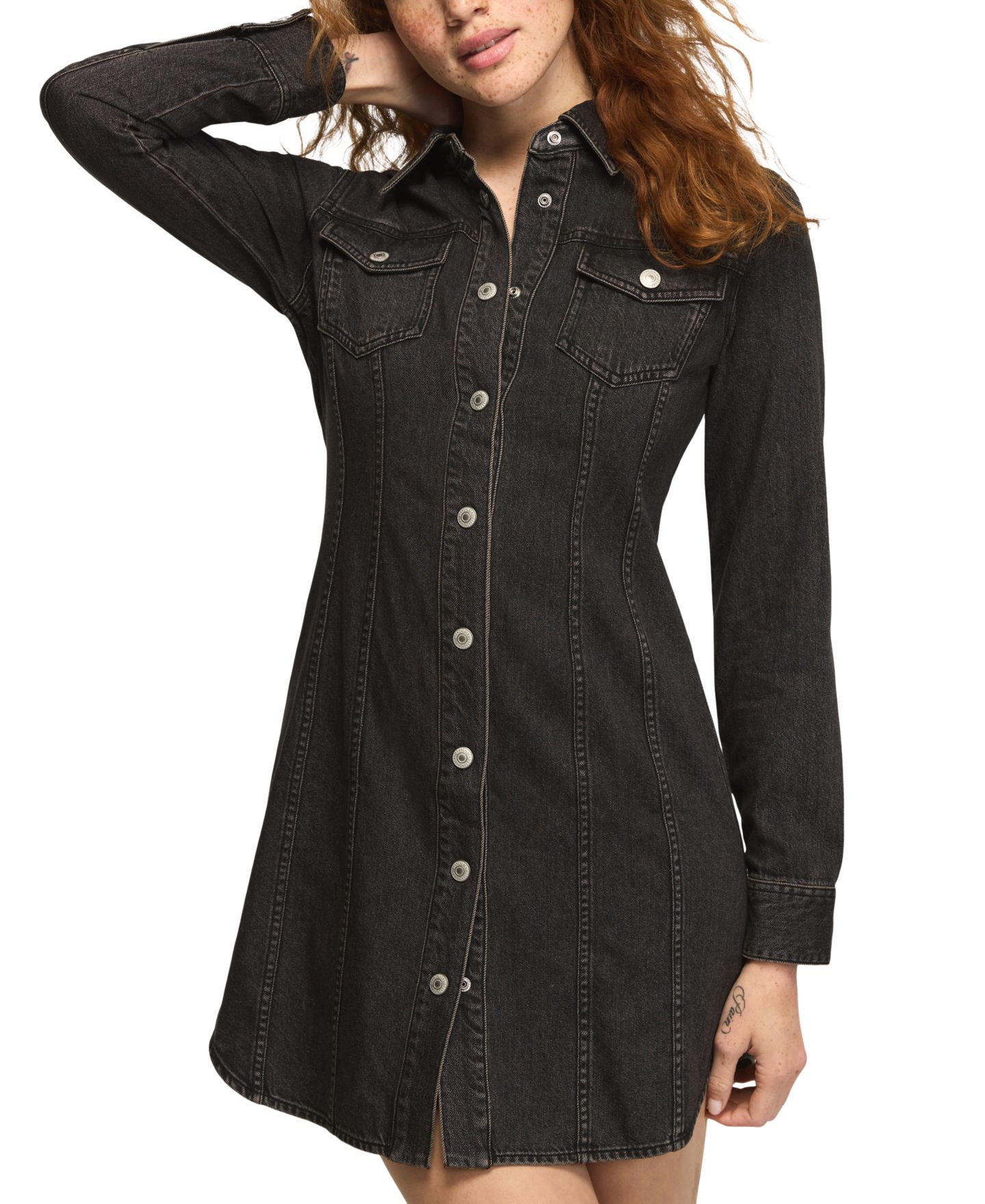 Женское платье Lucky Brand Long-Sleeve Mini Denim Shirt Dress, цвет: Чёрный дымчатый варёный — фото 3