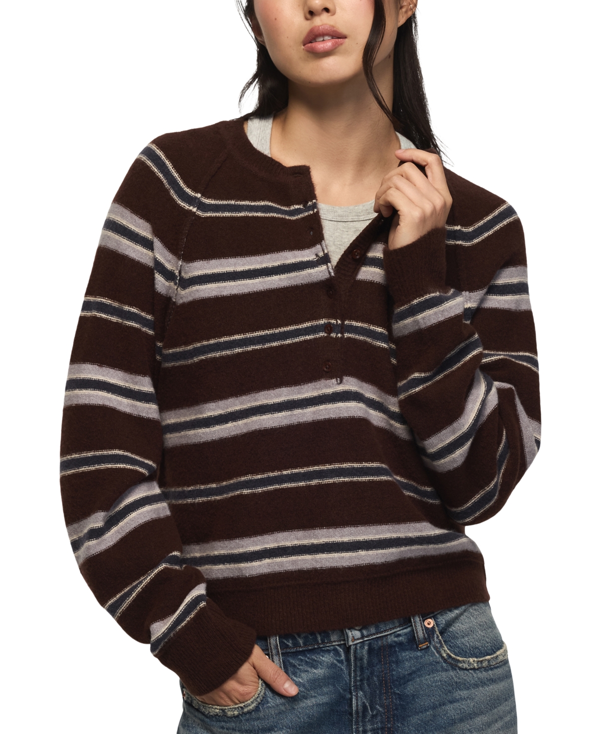 Lucky Brand Women's Cloud Soft Striped Crewneck Sweater - Chicory Coffee