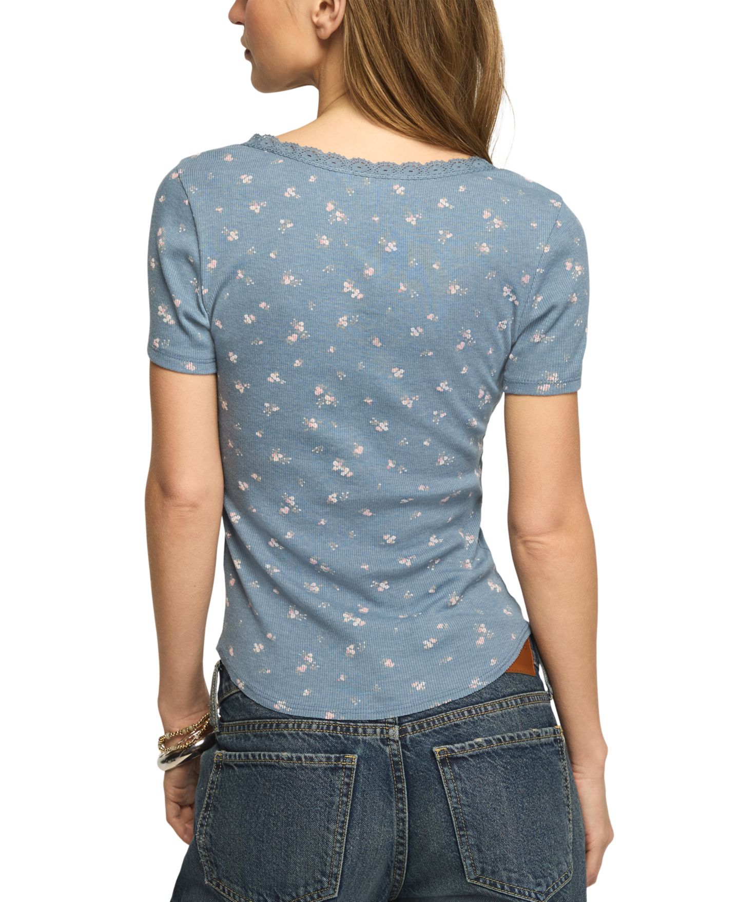 Женская футболка Lucky Brand Short-Sleeve Henley Lace-Trim, цвет: Синий с принтом — фото 5