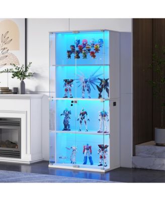 Display Cabinet With Glass Doors, 66" Lighted Display Case With 3 Color Lights, 4-tier Bookcase With Human Body Sensor
