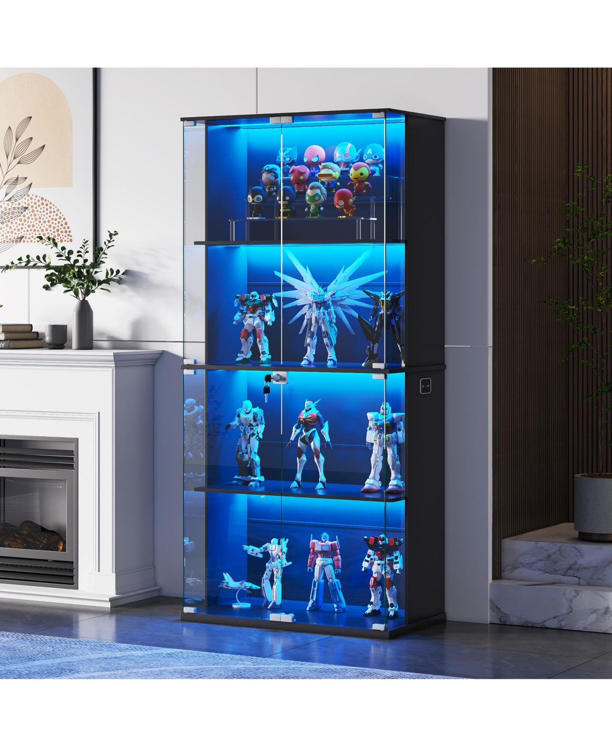 Vlsrka Display Cabinet With Glass Doors, 66" Lighted Case 3 Color Lights, 4-tier Bookcase Human Body Sensor