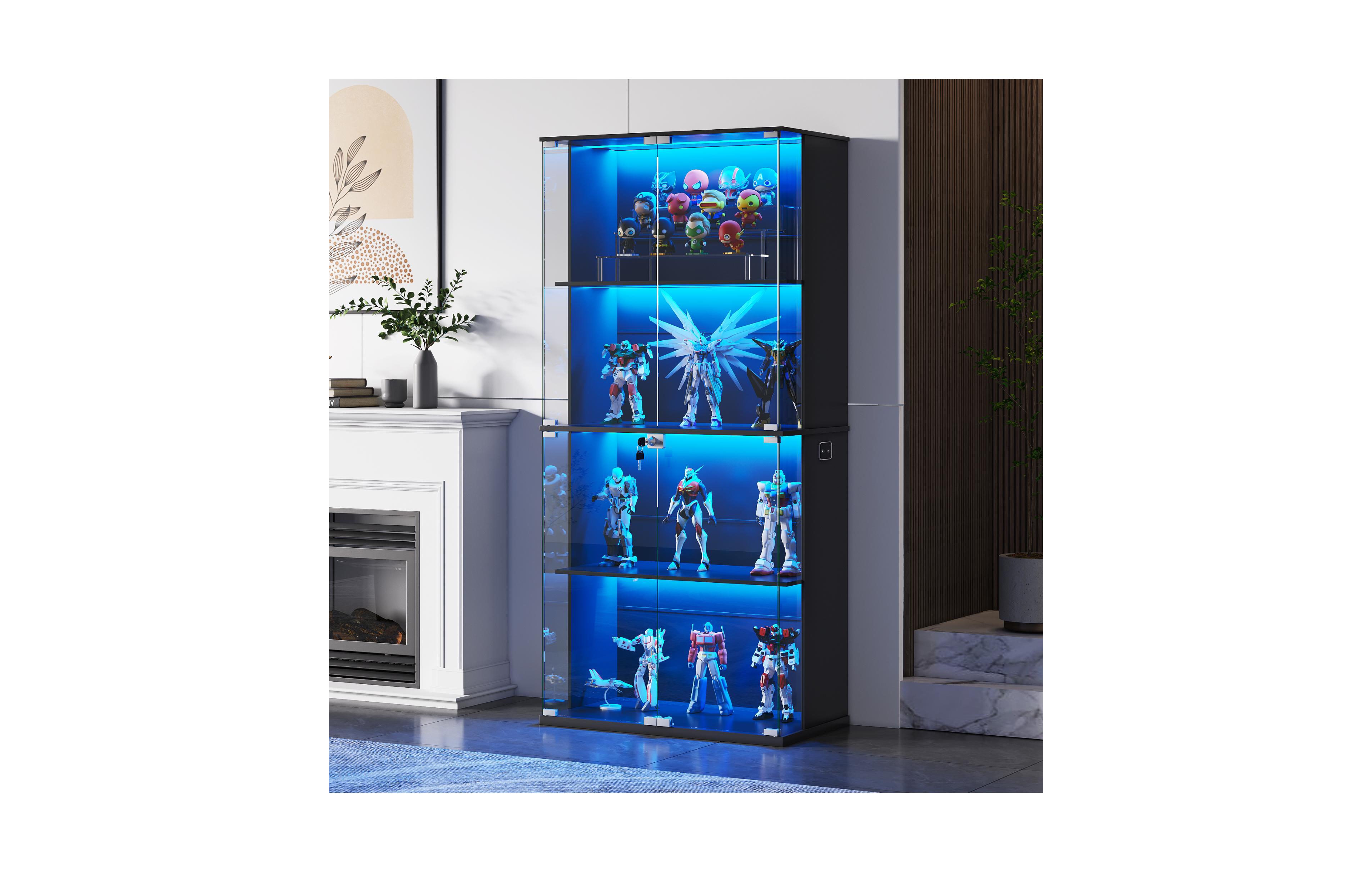 Vlsrka Display Cabinet With Glass Doors, 66" Lighted Case 3 Color Lights, 4-tier Bookcase Human Body Sensor