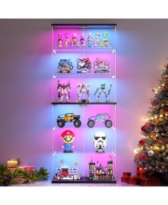 Glass Display Cabinet With Rgb Sensor Lights, 6-Tier Solid Wood Storage Cabinet With Lockable Door