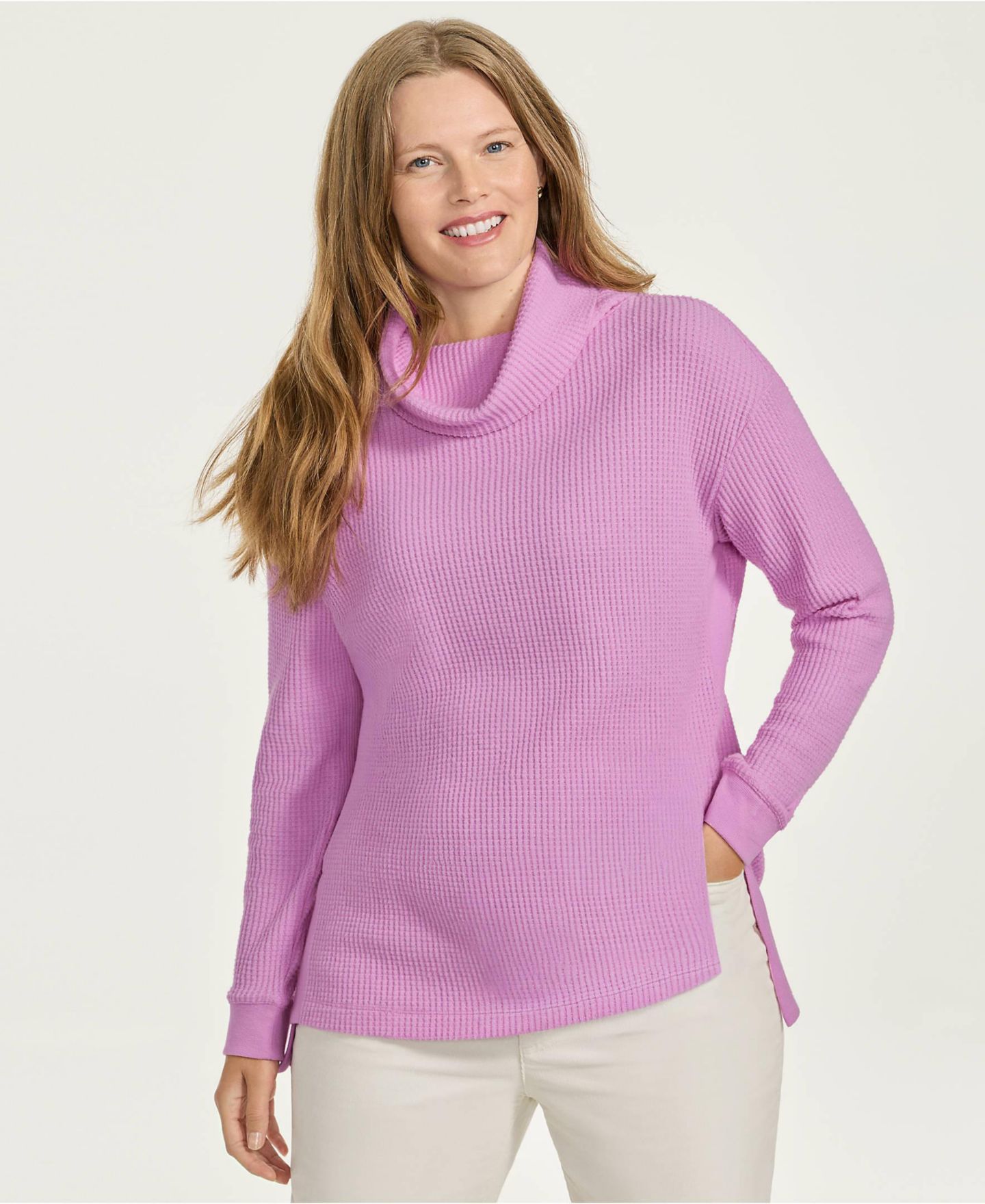 Женский топ Lands' End Long Sleeve Waffle Cowl Neck Tunic, цвет: Розовый — фото 4
