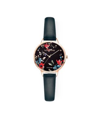 Women's Water-Resistant Crystals Green Park Flower Leather Watch, 36mm