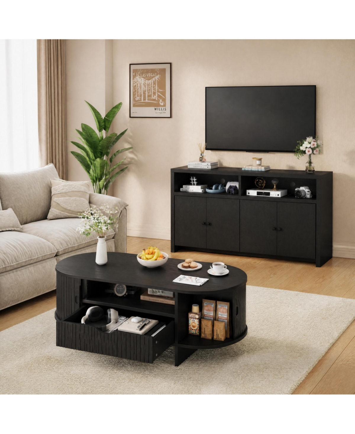 homfan 55" Buffet Sideboard Cabinet and 47" Oval Fluted Coffee Table Set - Adjustable Shelves, Water-Resistant, Living Room Storage Console - Black