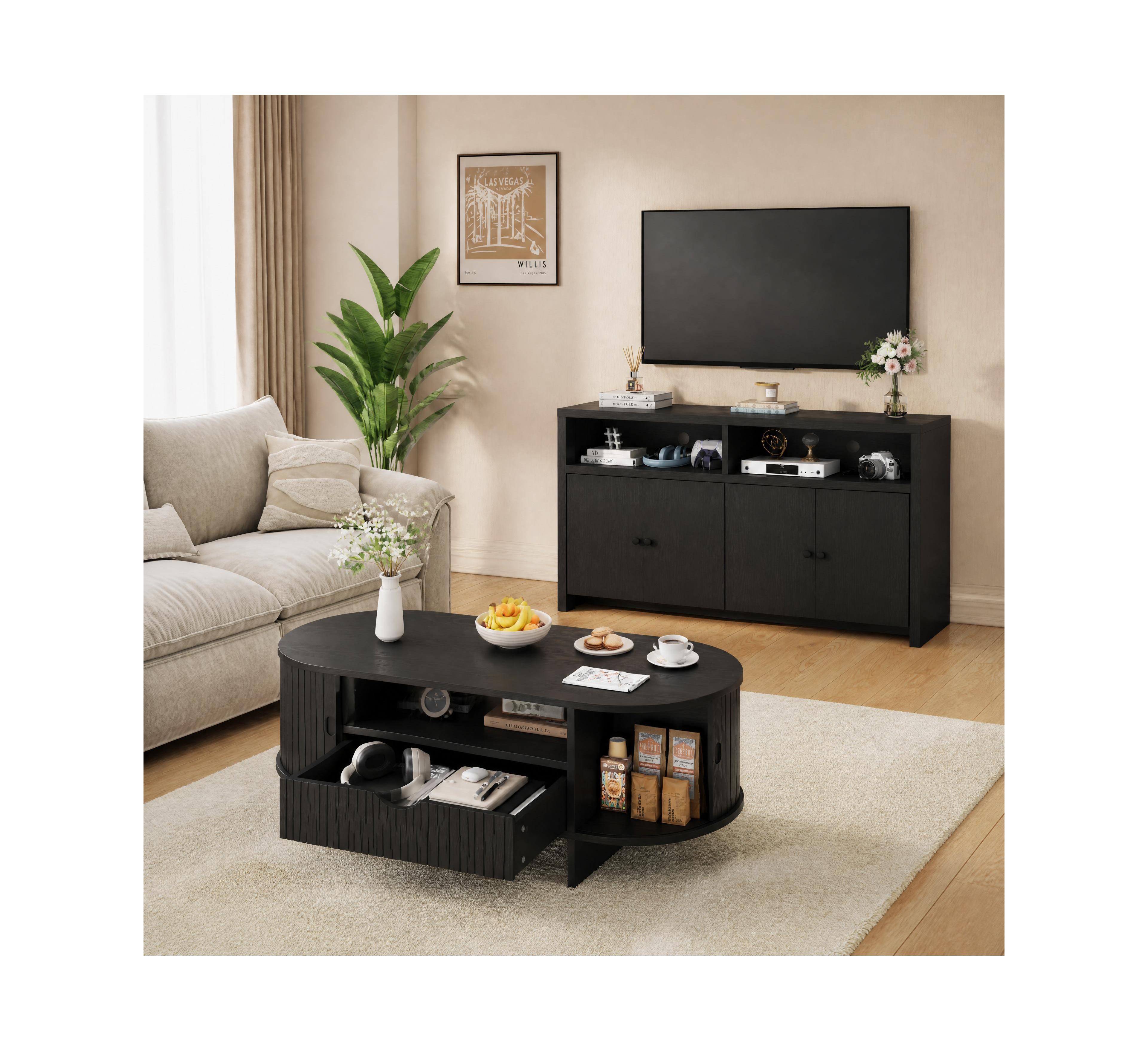 homfan 55" Buffet Sideboard Cabinet and 47" Oval Fluted Coffee Table Set - Adjustable Shelves, Water-Resistant, Living Room Storage Console