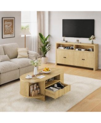 55" Buffet Sideboard Cabinet and 47" Oval Fluted Coffee Table Set - Adjustable Shelves, Water-Resistant, Living Room Storage Console