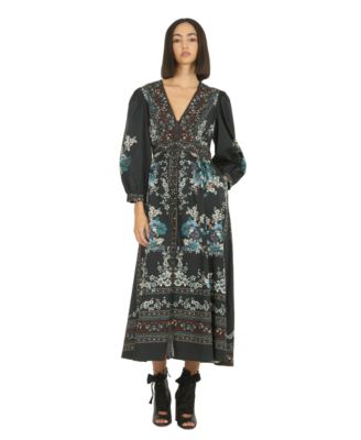 Women's Long Sleeve V-Neck Printed Maxi Dress
