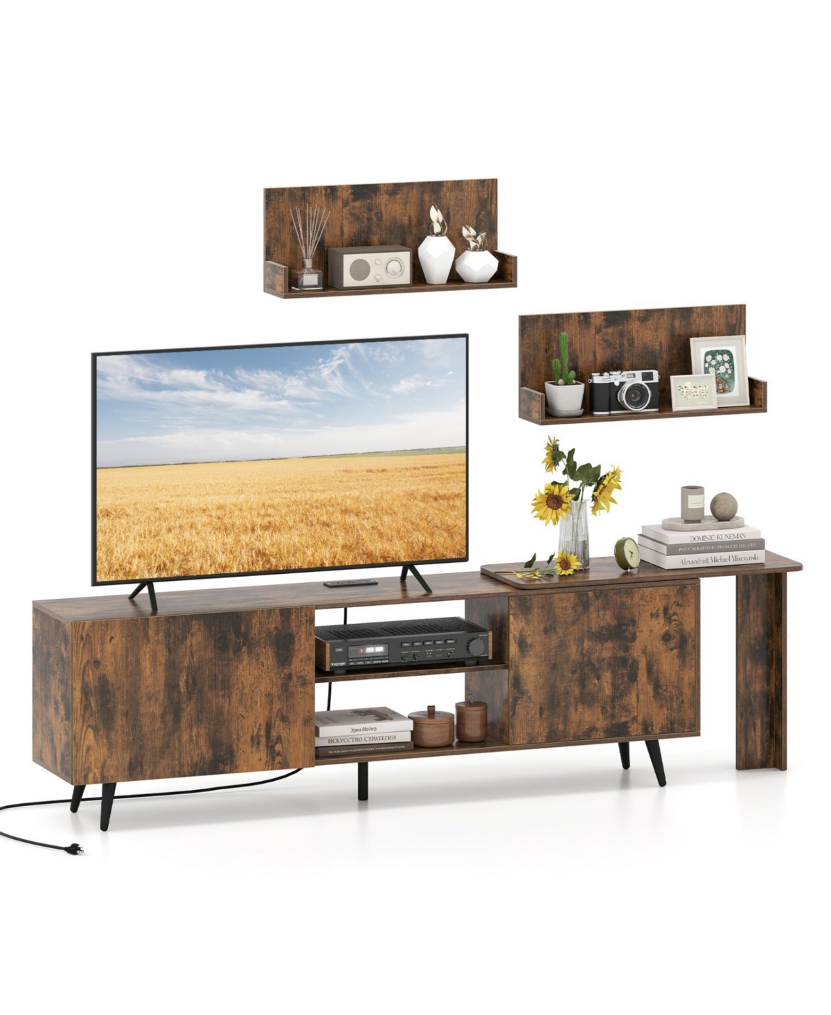 Mecale Tv Stand for TVs up to 85 in with 2 Wall Shelves and Charging Station