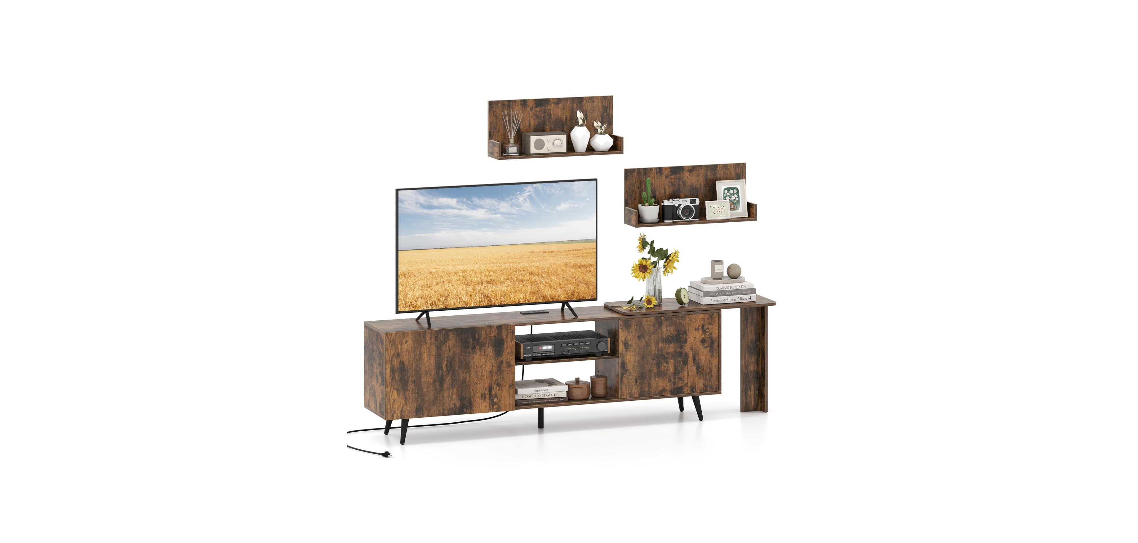 Mecale Tv Stand for TVs up to 85 in with 2 Wall Shelves and Charging Station