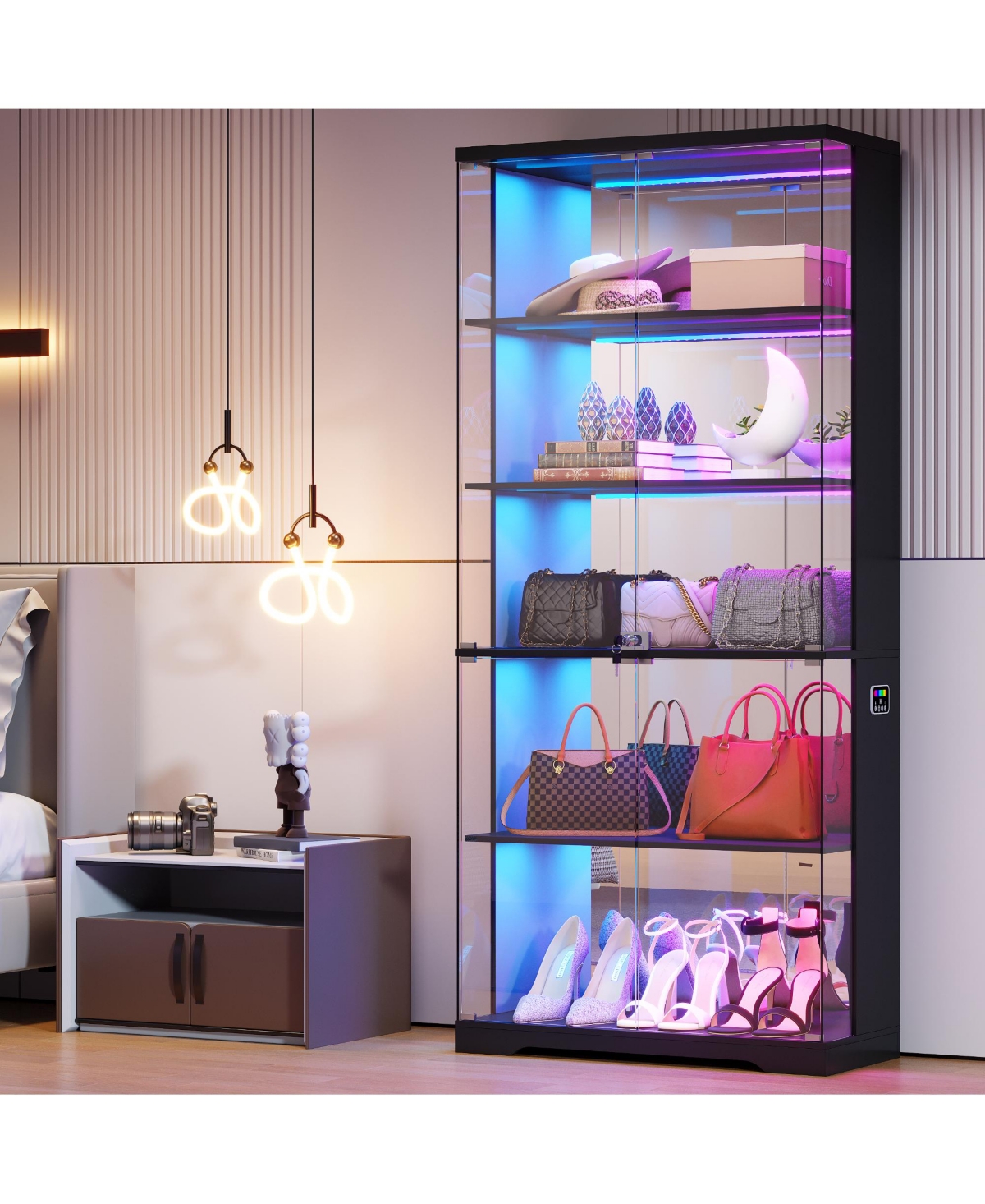 Vlsrka Glass Display Cabinet with Doors and Rgb Led Lights